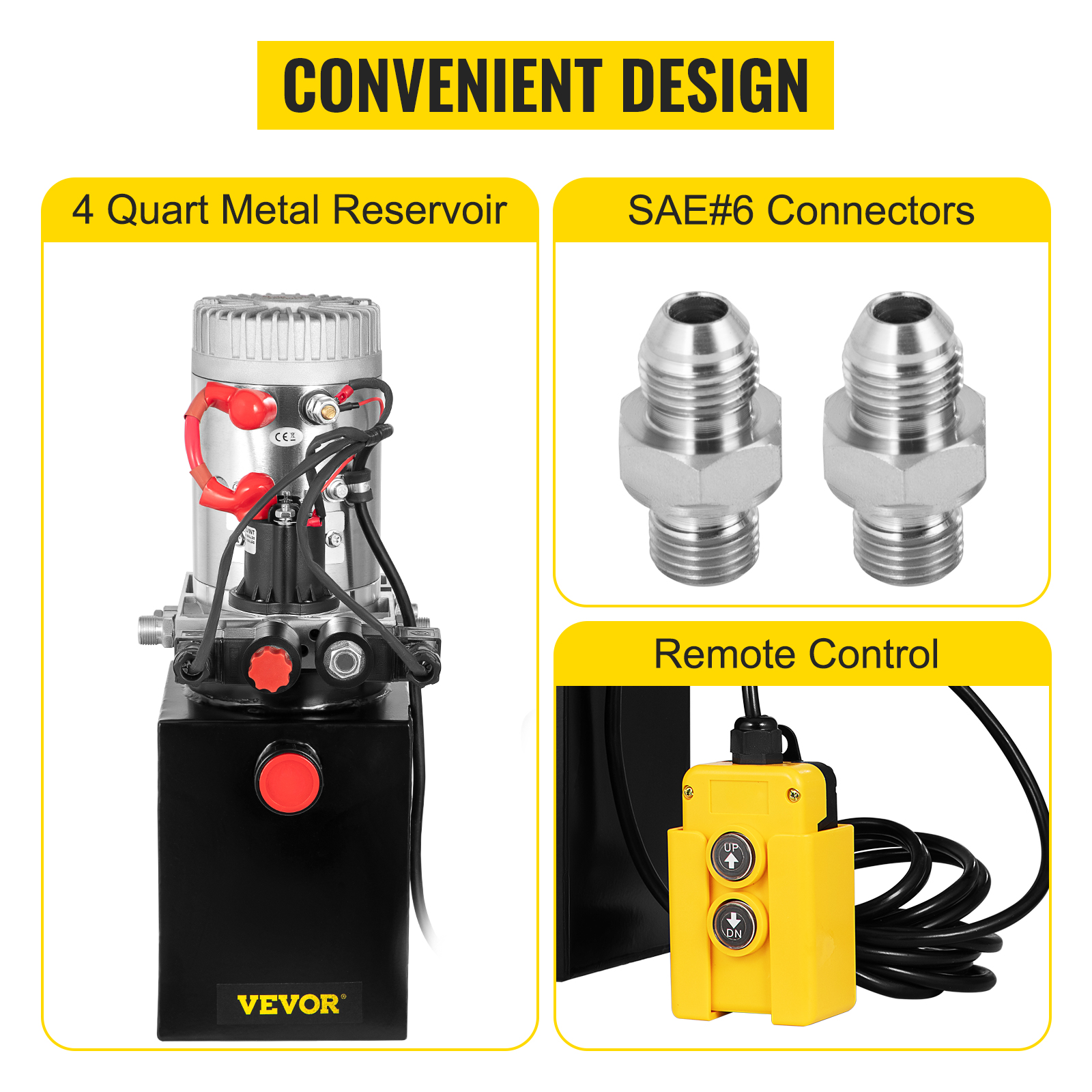 VEVOR hydraulic pump with metal reservoir, sae#6 connectors, and remote control.