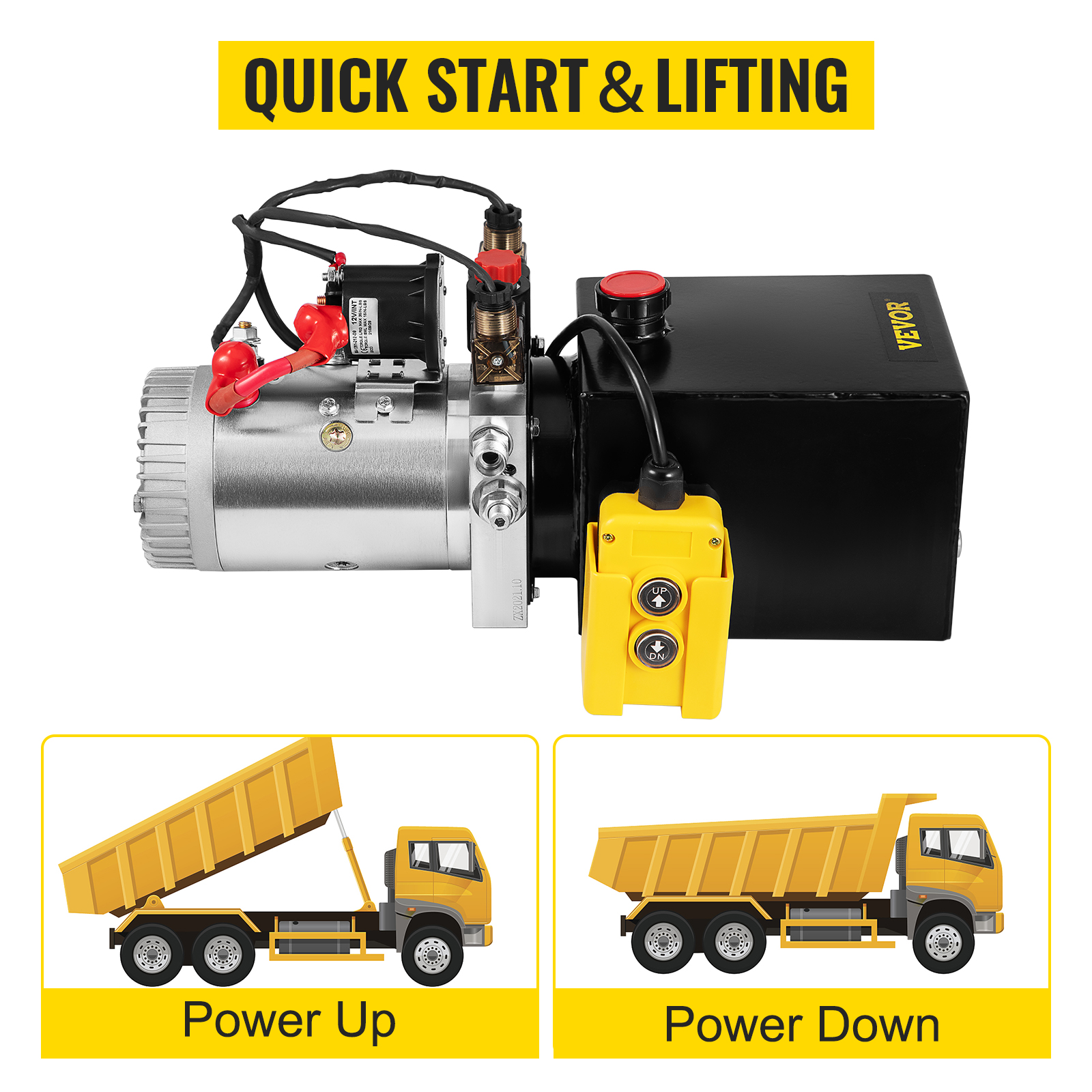 quick start and lifting VEVOR hydraulic pump with power up and power down controls.