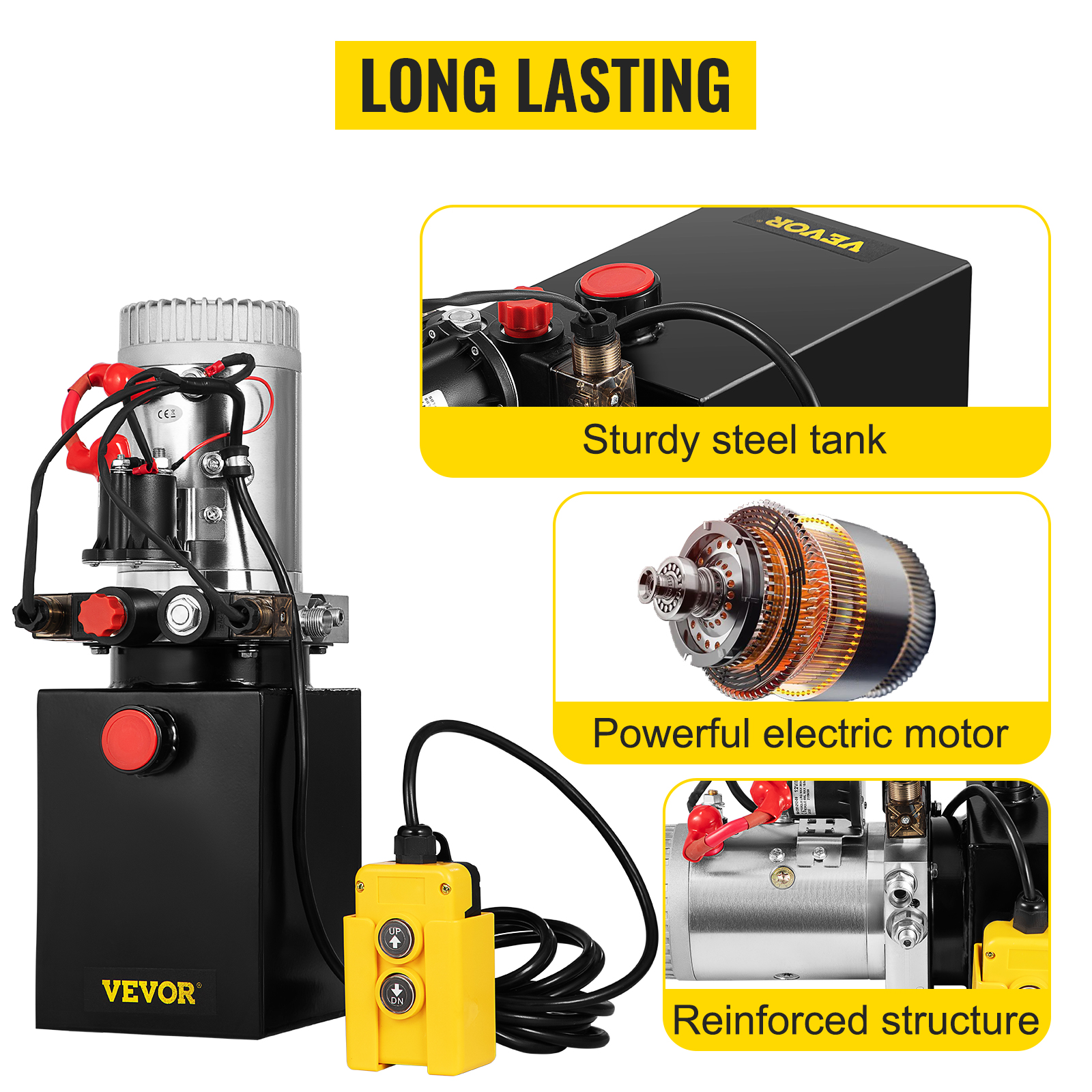 VEVOR hydraulic pump with sturdy steel tank, powerful electric motor, reinforced structure.
