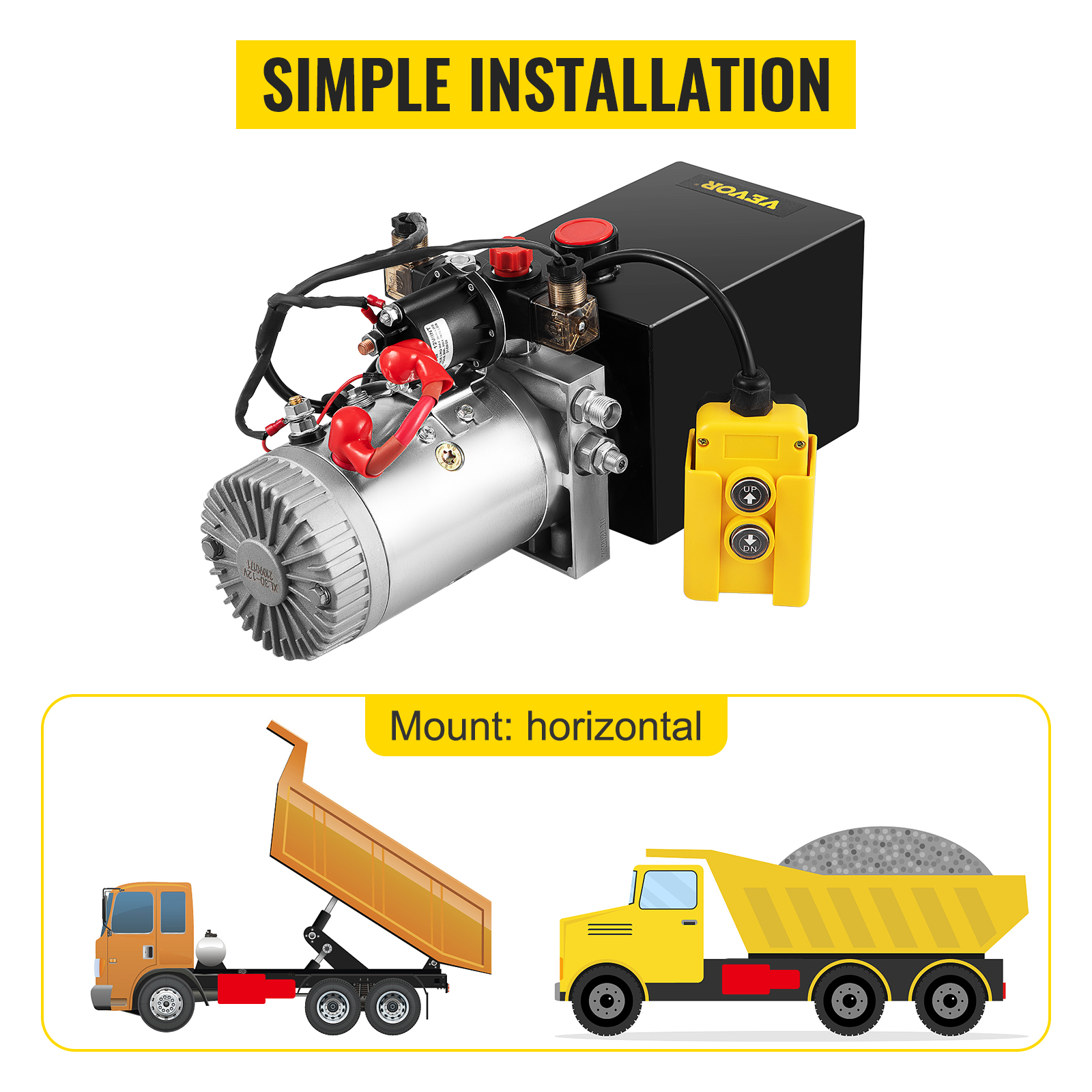 VEVOR hydraulic pump with simple installation for horizontal mounting on trucks.