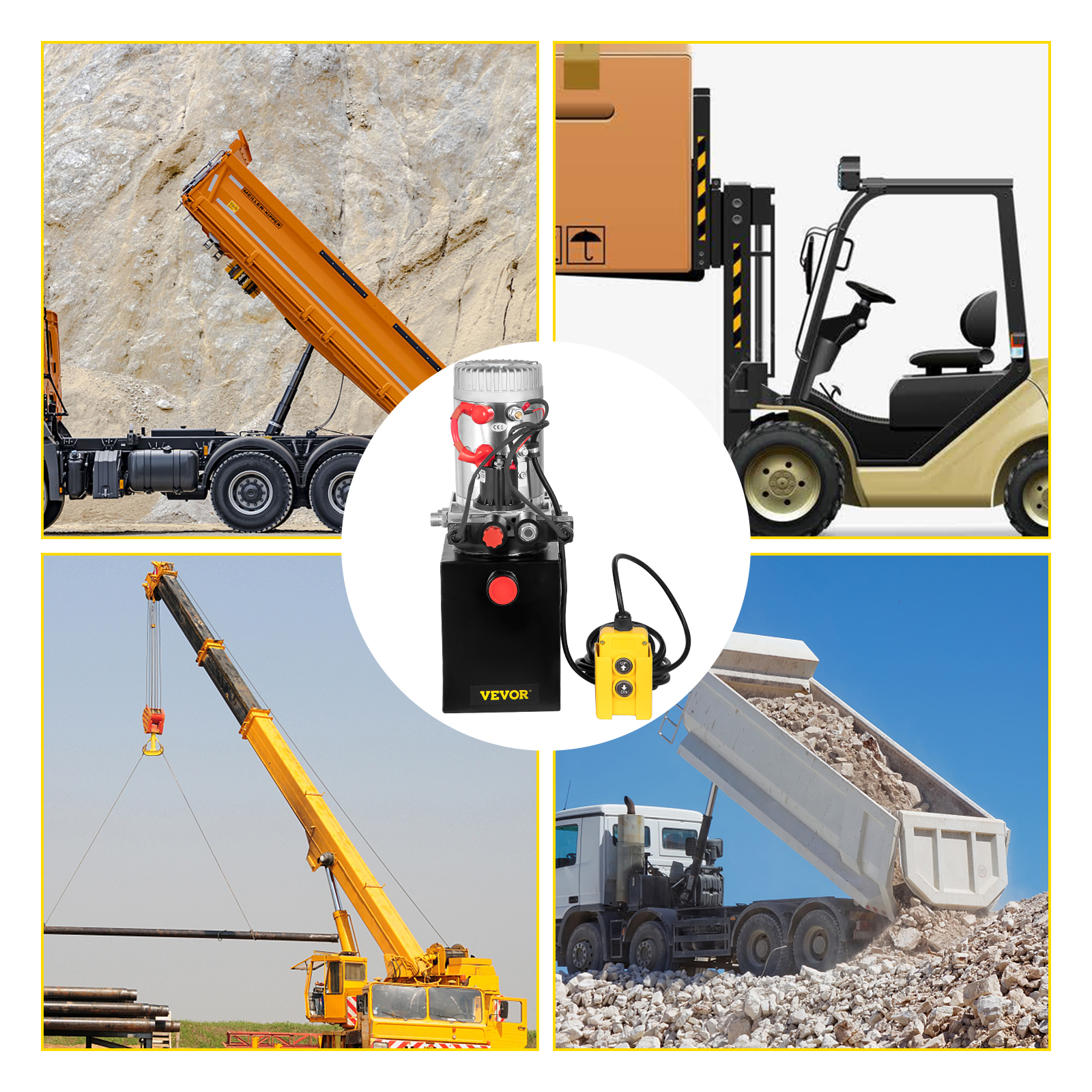 VEVOR hydraulic pump for trucks, forklifts, cranes, and dump trucks in construction sites.