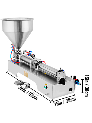 VEVOR pneumatic filling machine with dimensions: 38in x 15in x 15in.