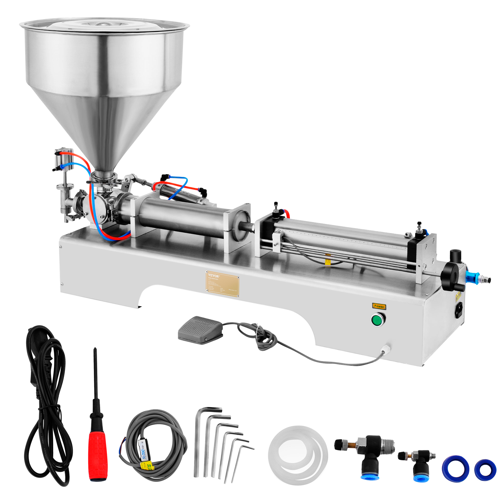 VEVOR pneumatic filling machine with accessories and stainless steel hopper.