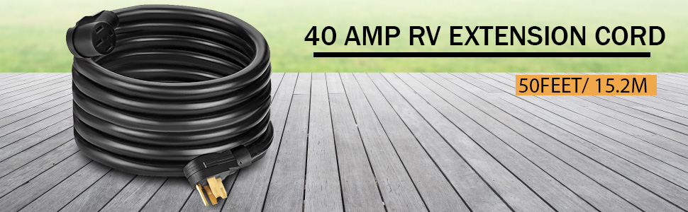 VEVOR 40 amp rv extension cord, 50 feet, coiled on wooden deck with grassy background.