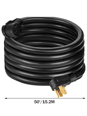 VEVOR 40 amp rv extension cord, 50-foot length, black with plug and socket.