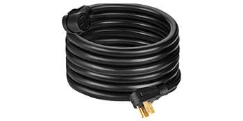 VEVOR 40 amp rv extension cord coiled for storage, black with gold connectors.