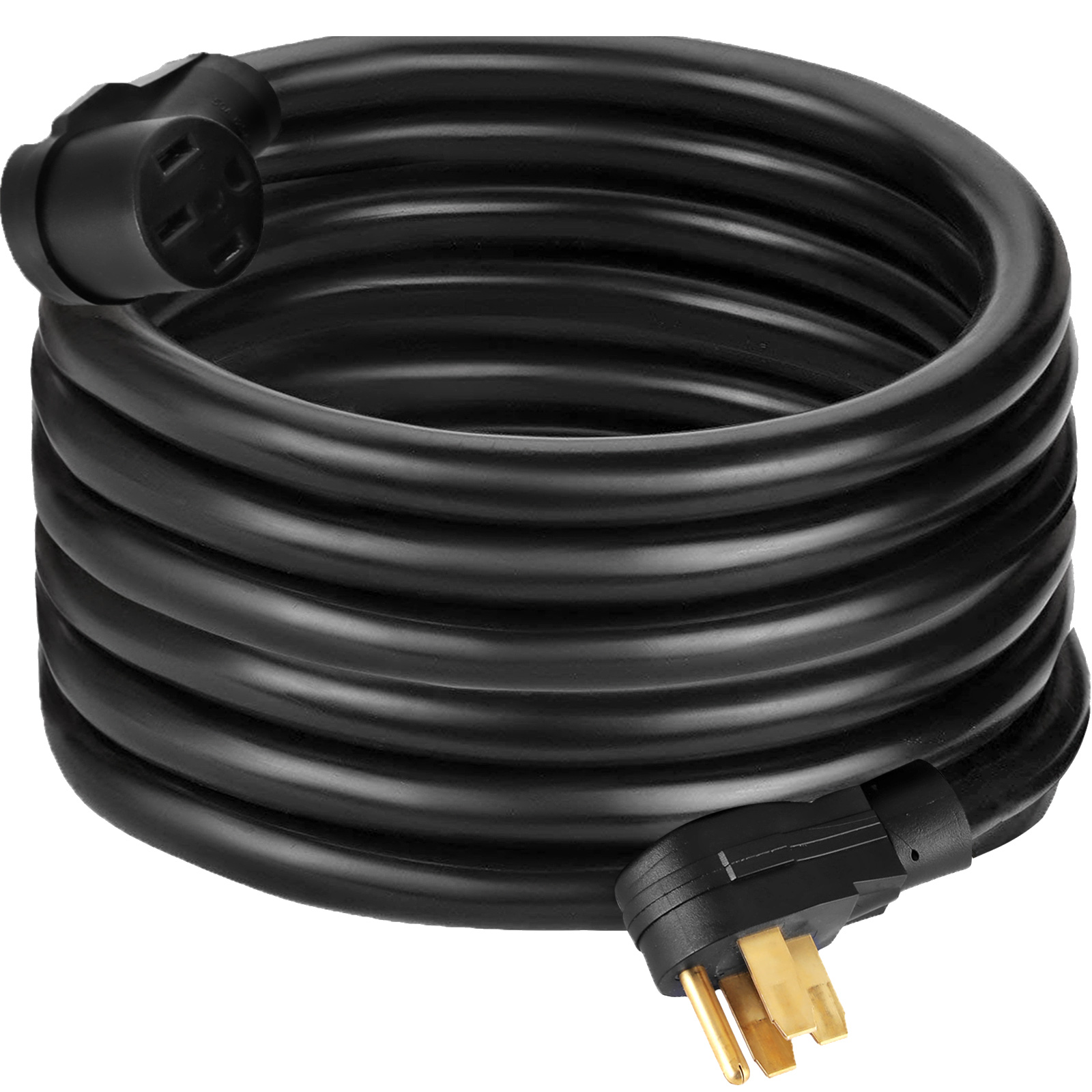 VEVOR 40 amp rv extension cord coiled black with yellow prongs showing.