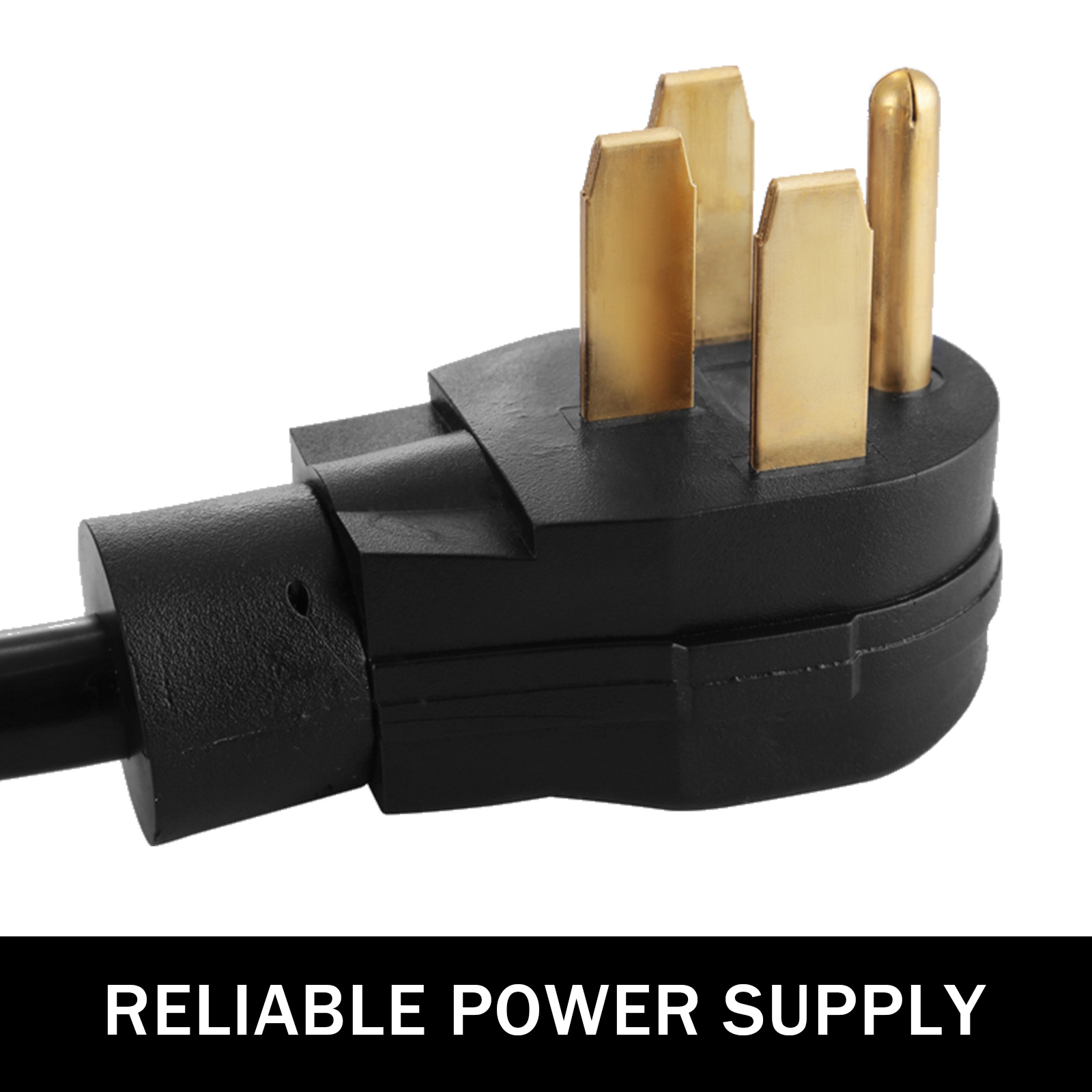 close-up of VEVOR 40 amp rv extension cord plug with gold prongs. reliable power supply.