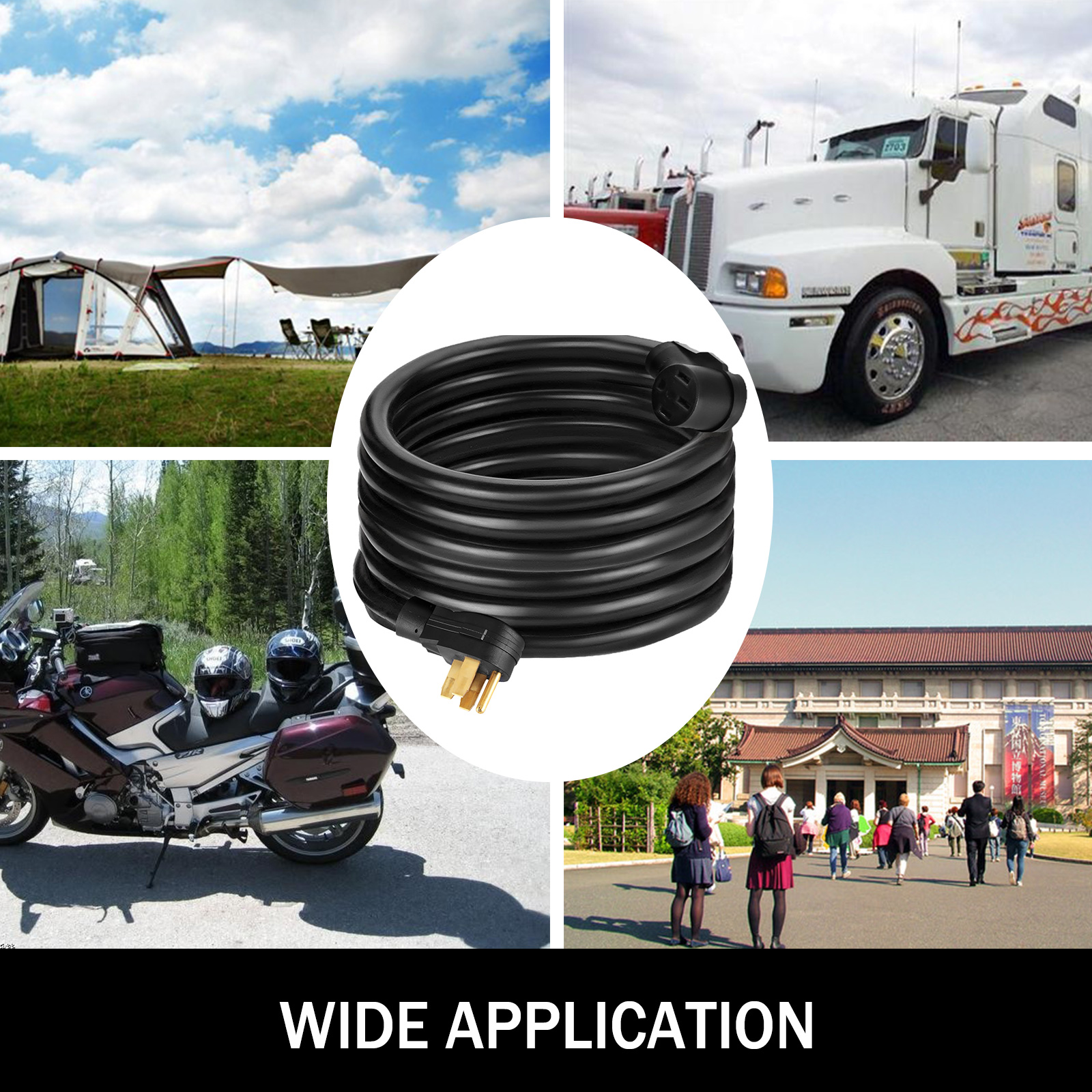 VEVOR 40 amp rv extension cord for camping, trucks, motorcycles, and outdoor events.