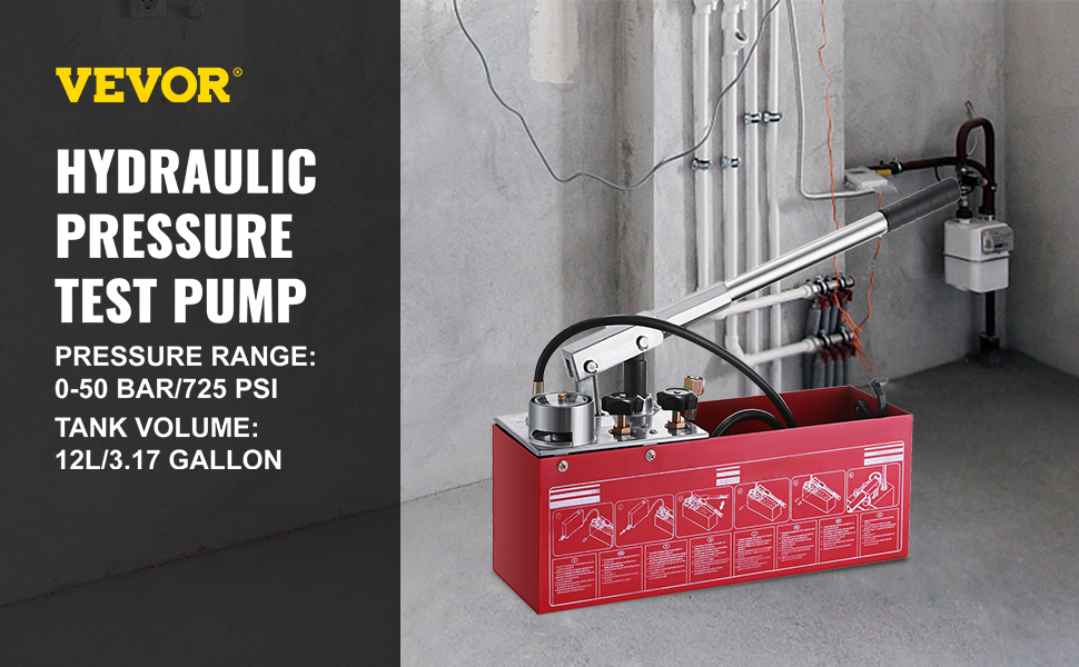 VEVOR hydraulic pressure test pump with 50 bar pressure, 12l tank, and detailed instructions.