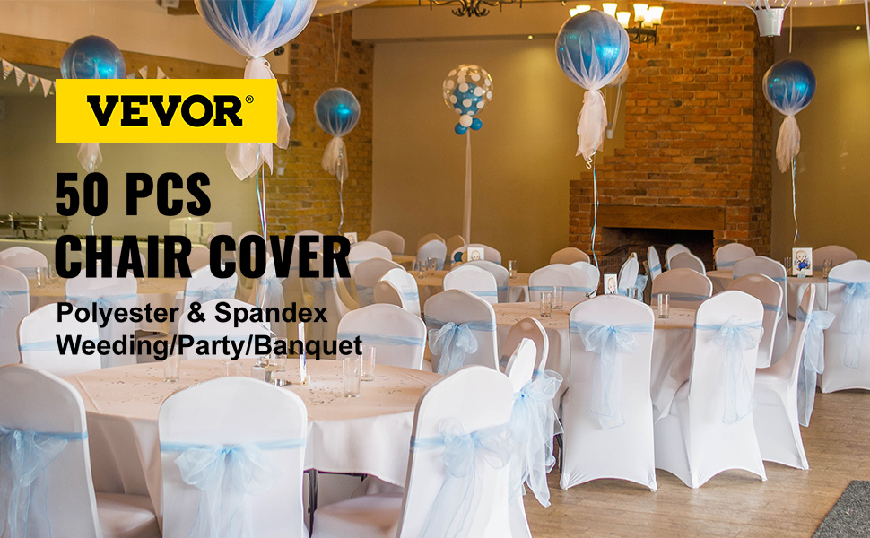 VEVOR chair covers set for weddings with blue and white balloon decor.