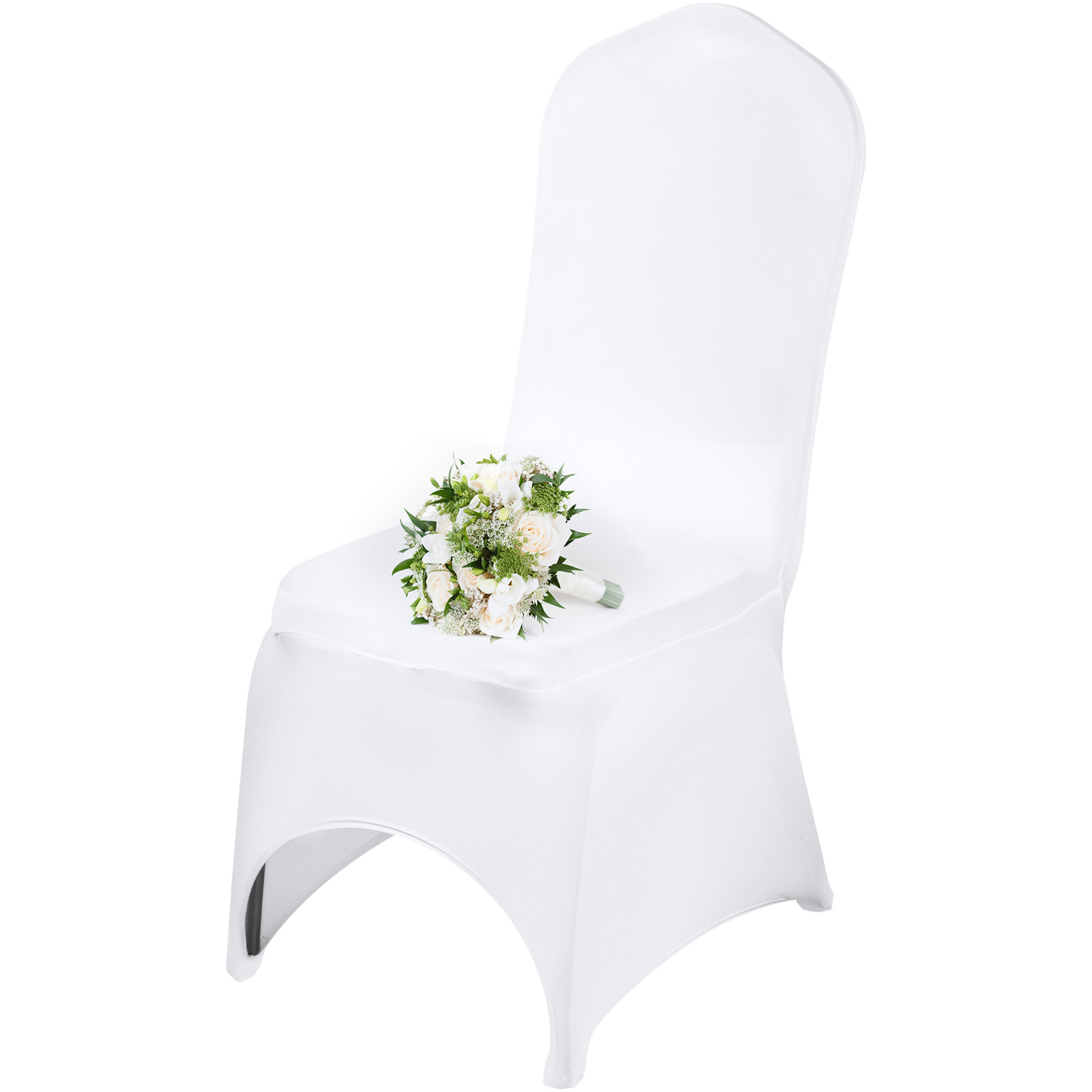 white chair with VEVOR chair covers and a white bouquet placed on the seat.
