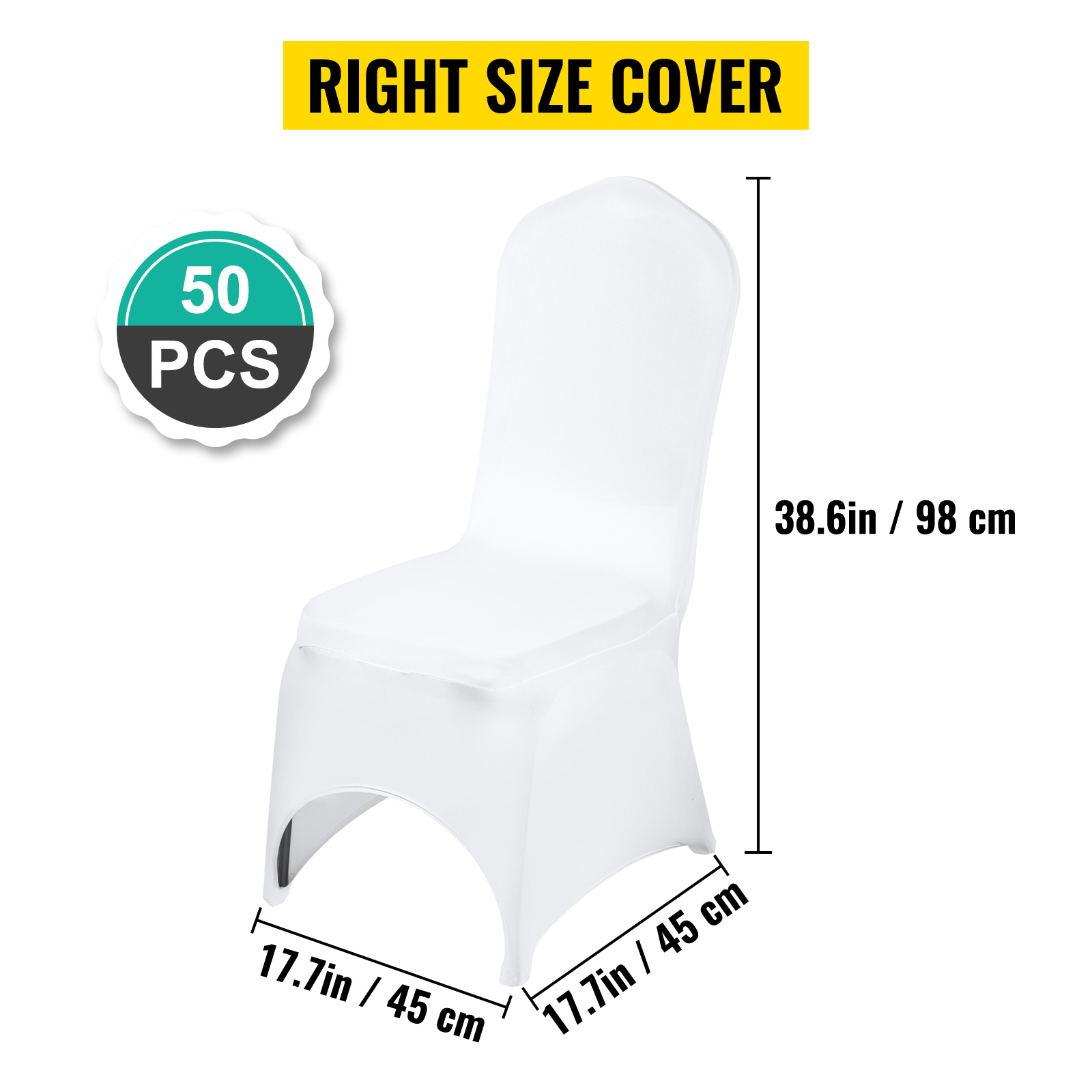VEVOR chair covers, 50 pcs, fit chair size 38.6in h, 17.7in w, durable white material.
