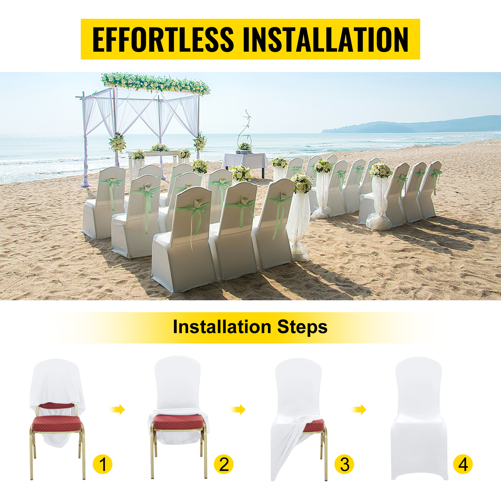 VEVOR chair covers on beach wedding setup with installation steps shown below.