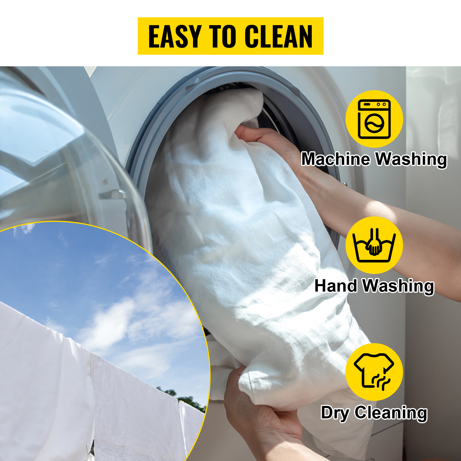 easy to clean VEVOR chair covers with machine, hand, and dry washing options.