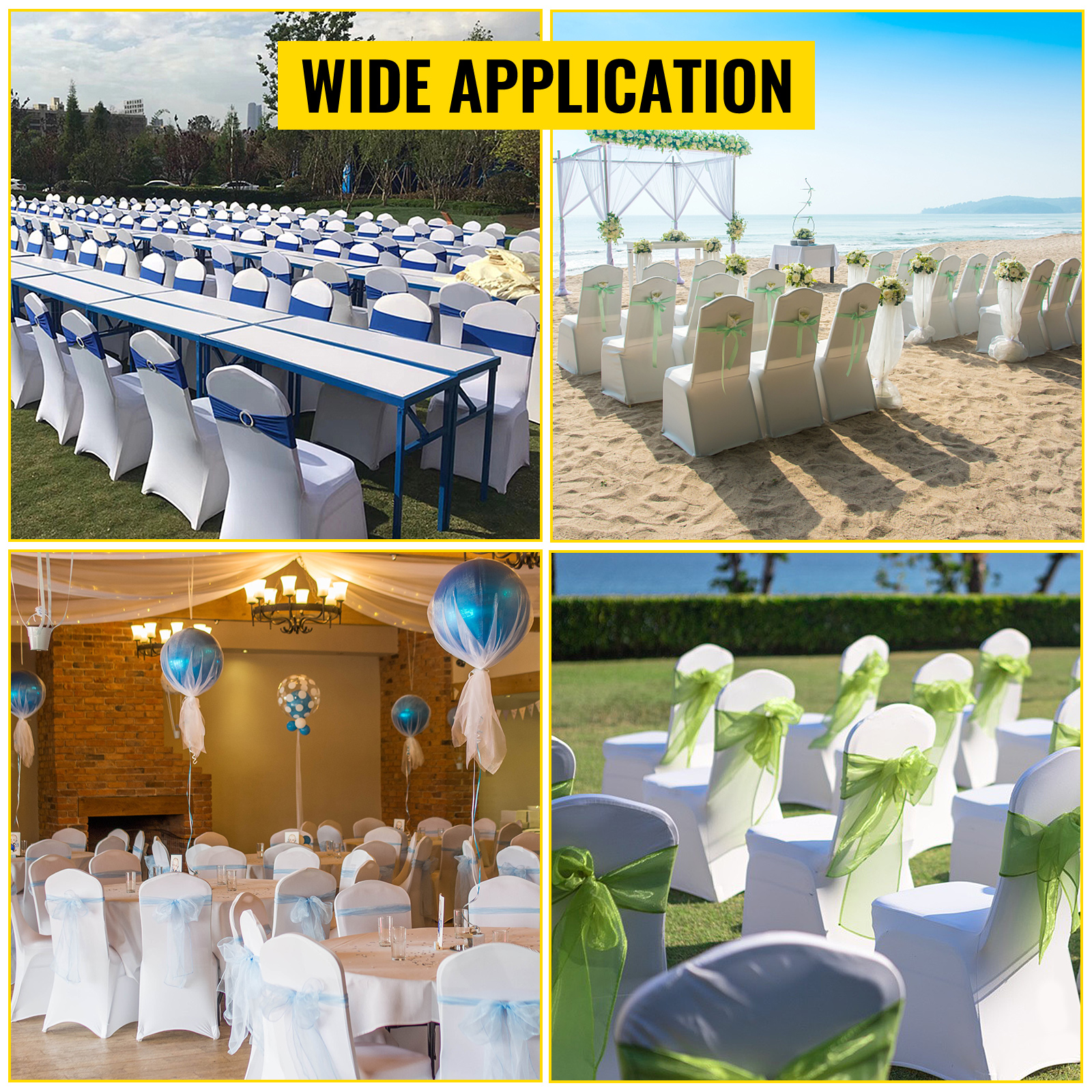 VEVOR chair covers in various settings: outdoor, beach, indoor events. wide application.