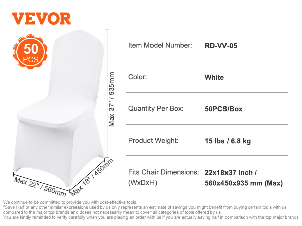 white VEVOR chair covers, 50 pcs per box, fits 22x18x37 inch chairs.