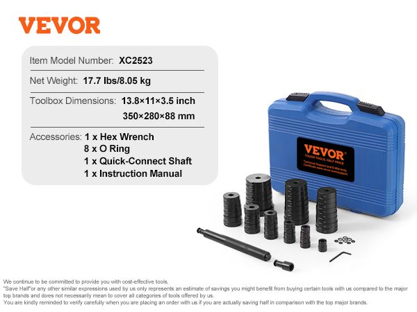 VEVOR bushing press kit includes a blue carrying case, various bushing tool sizes, hex wrench, and o rings.