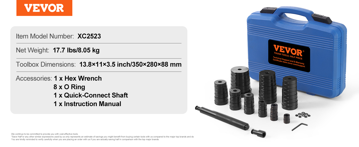 VEVOR bushing press kit includes a blue carrying case, various bushing tool sizes, hex wrench, and o rings.