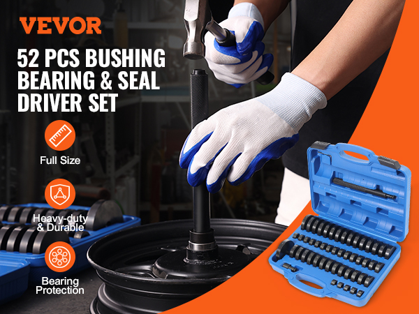 52 pcs VEVOR bushing press kit for bearings and seals, blue case and gloved hand using a tool.