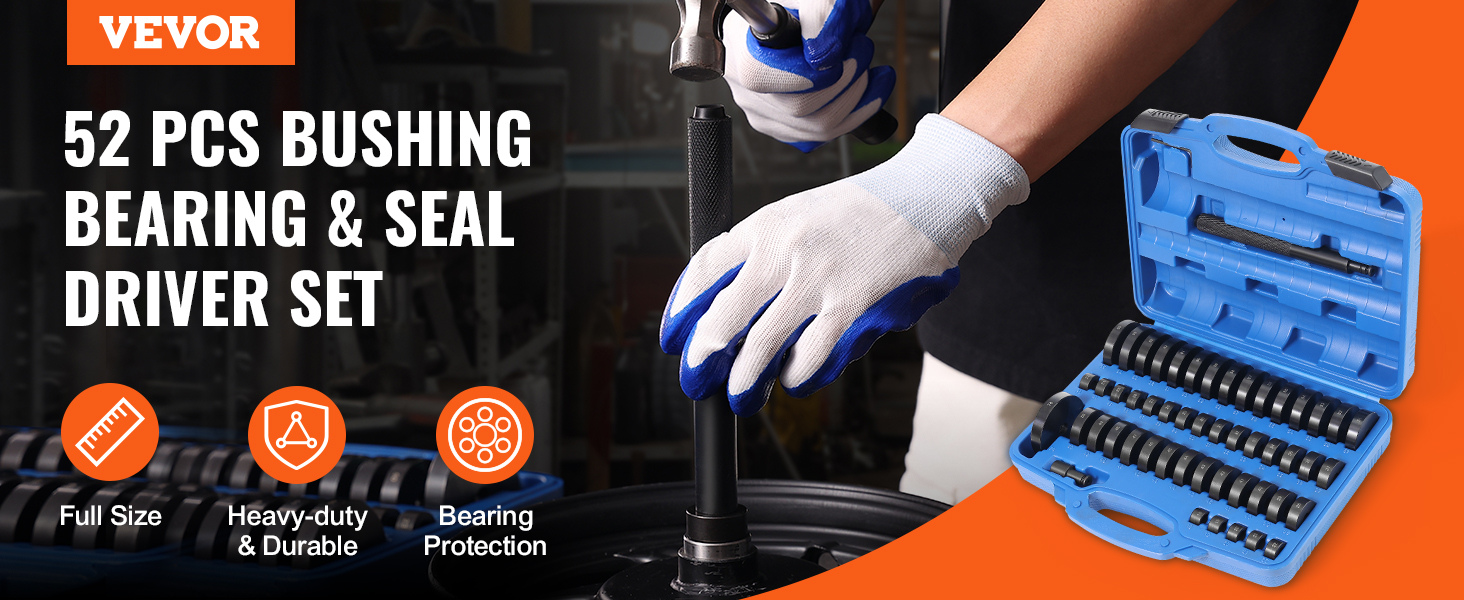 52 pcs VEVOR bushing press kit for bearings and seals, blue case and gloved hand using a tool.