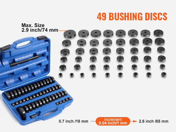 VEVOR bushing press kit with 49 bushing discs in blue carrying case, sizes 0.7 to 2.9 inches.