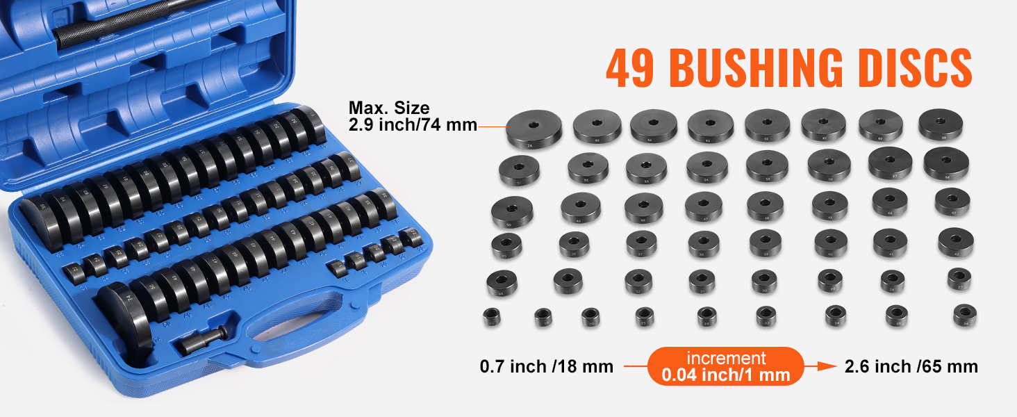 VEVOR bushing press kit with 49 bushing discs in blue carrying case, sizes 0.7 to 2.9 inches.