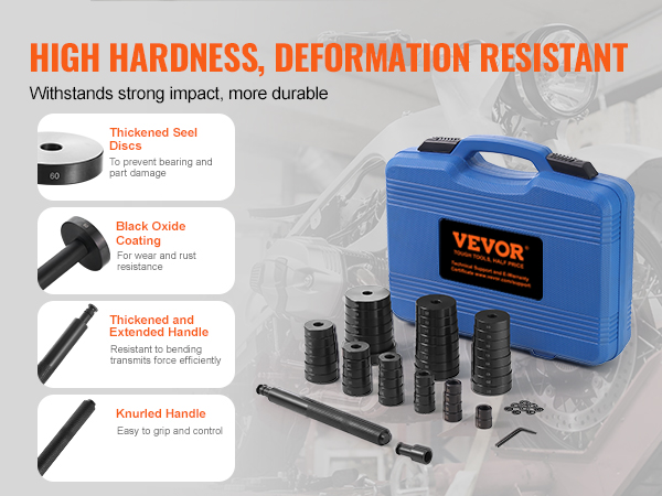 VEVOR bushing press kit with high hardness, thickened steel discs, handles, and black oxide coating.