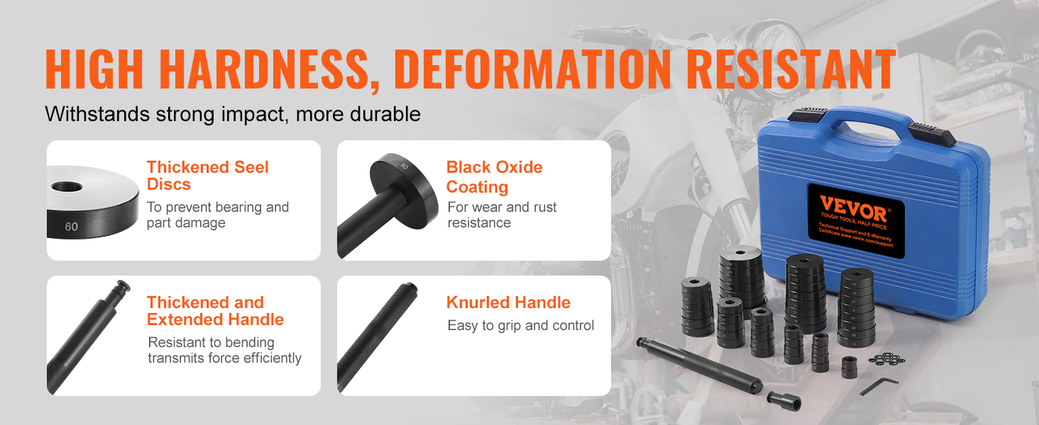 VEVOR bushing press kit with high hardness, thickened steel discs, handles, and black oxide coating.
