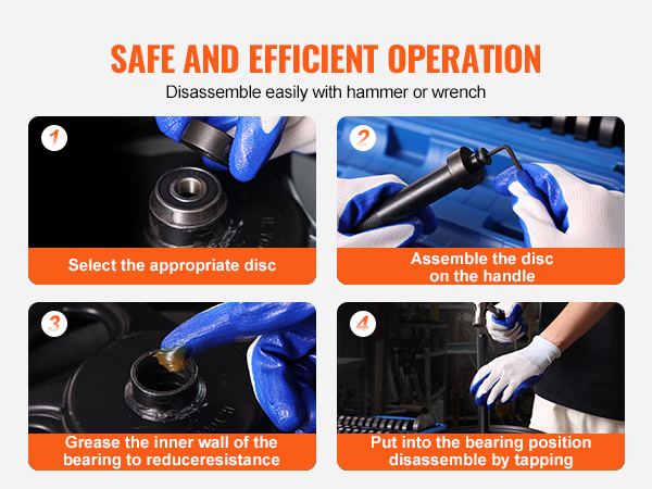 VEVOR bushing press kit in use, showing step-by-step safe and efficient operation instructions.