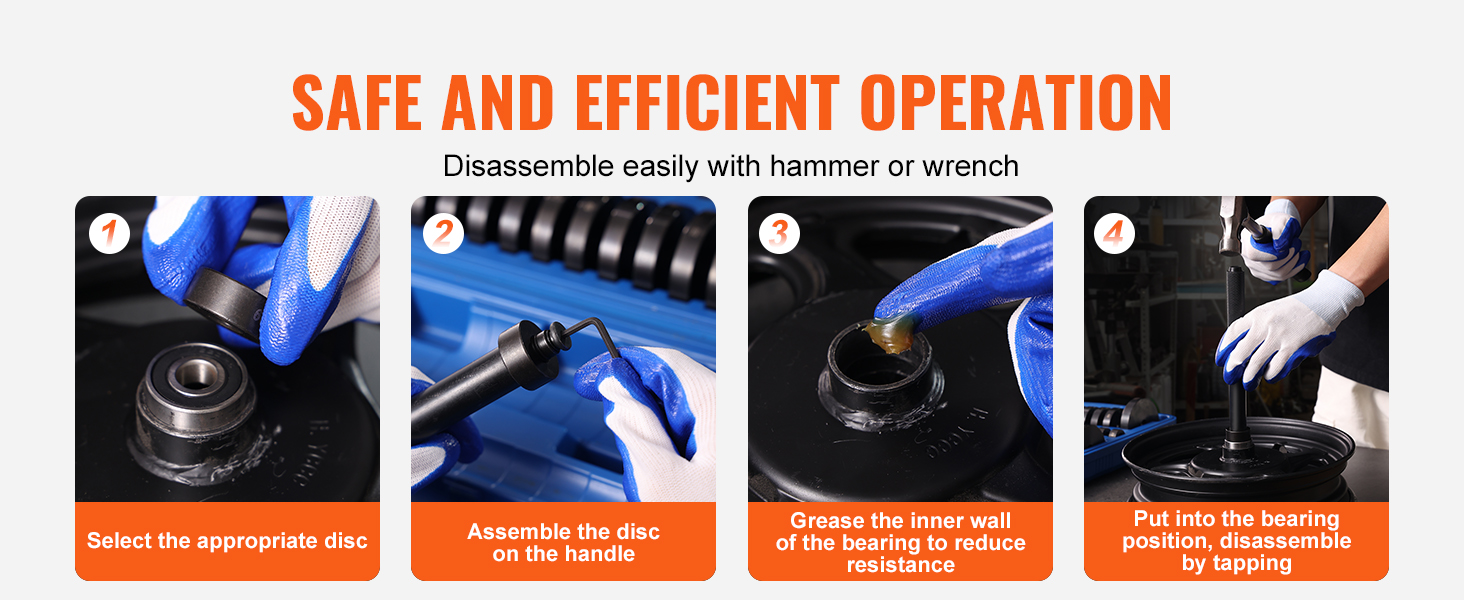 VEVOR bushing press kit in use, showing step-by-step safe and efficient operation instructions.