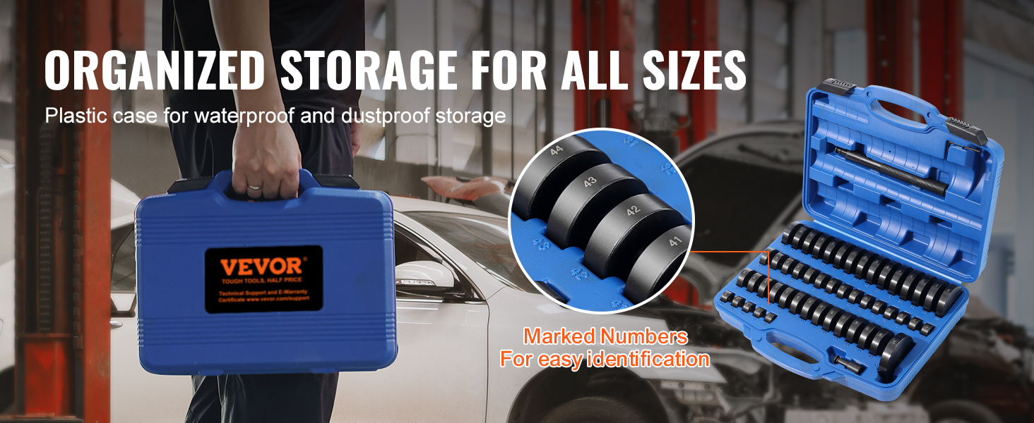 VEVOR bushing press kit plastic case with organized storage and marked numbers for easy identification.