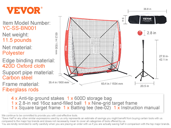 VEVOR baseball practice net with fiberglass rods, carbon steel frame, and polyester net, includes accessories.