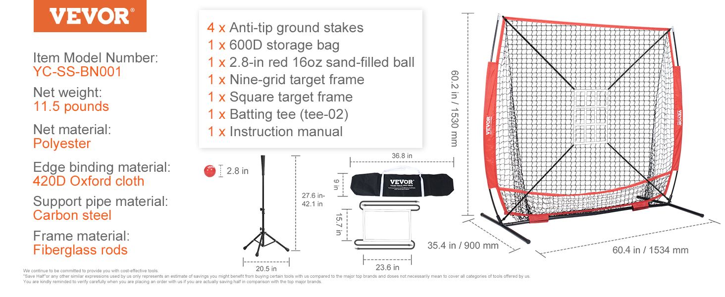 VEVOR baseball practice net with fiberglass rods, carbon steel frame, and polyester net, includes accessories.