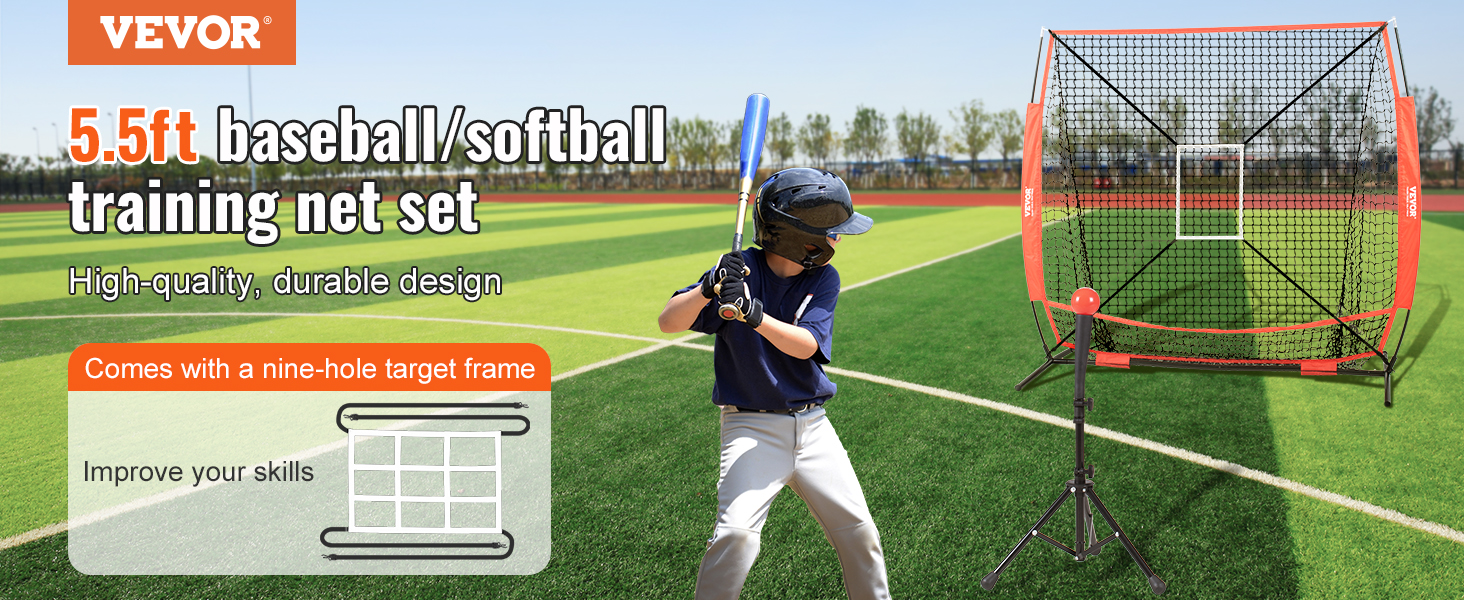 5.5ft VEVOR baseball practice net for training, with nine-hole target frame, on a green field.