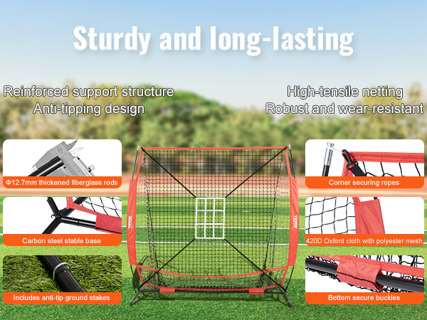 VEVOR baseball practice net with high-tensile netting, fiberglass rods, and carbon steel base.