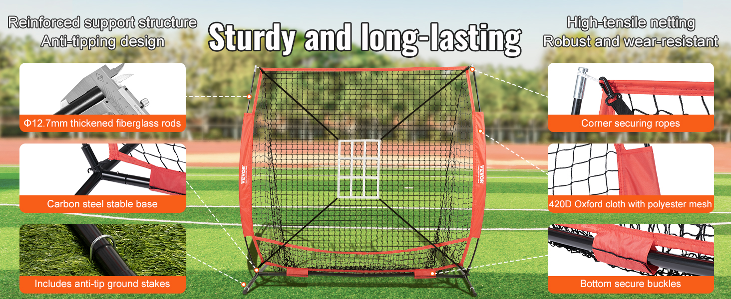 VEVOR baseball practice net with high-tensile netting, fiberglass rods, and carbon steel base.