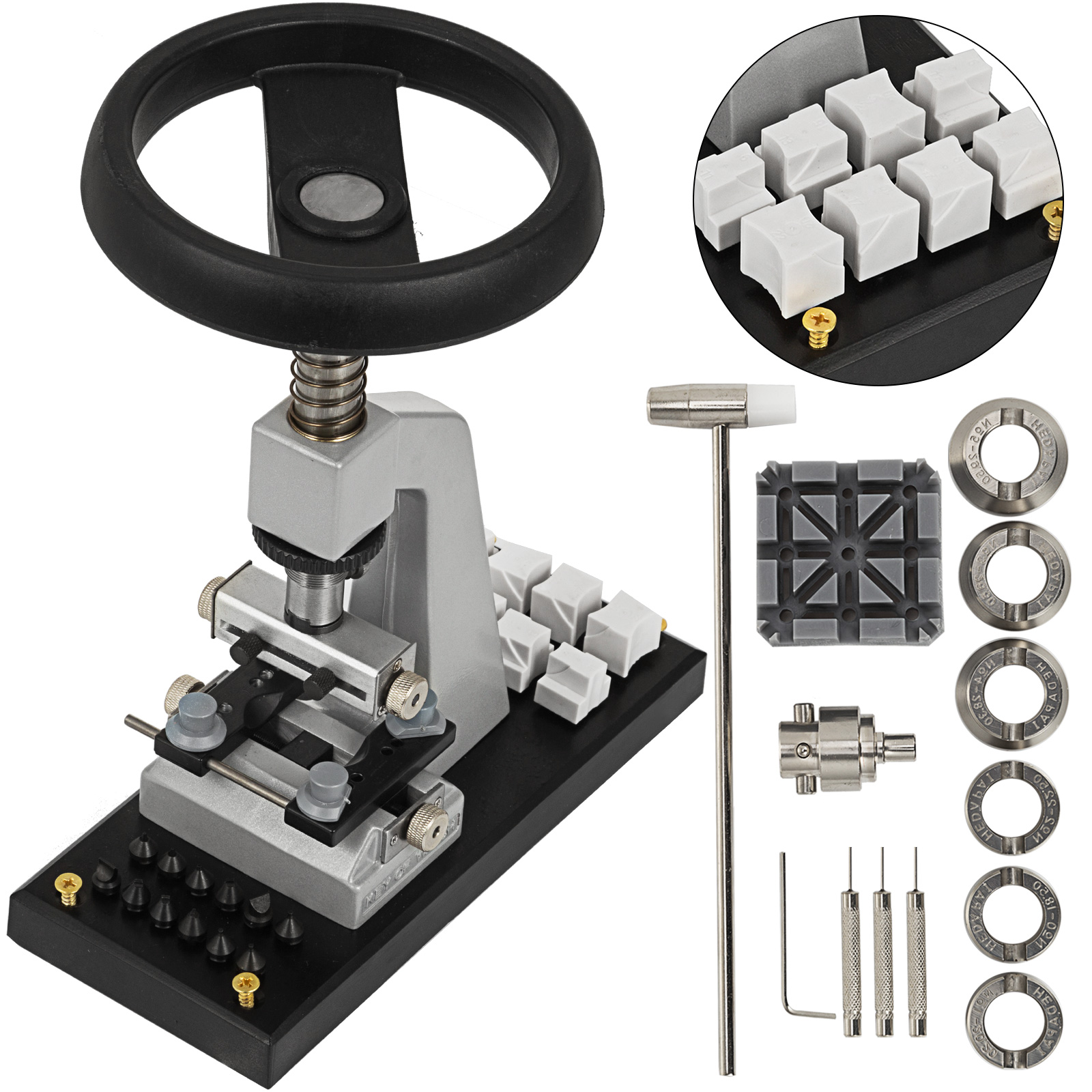 VEVOR watch opener with adjustable holder, wrenches, dies, and toolkit.