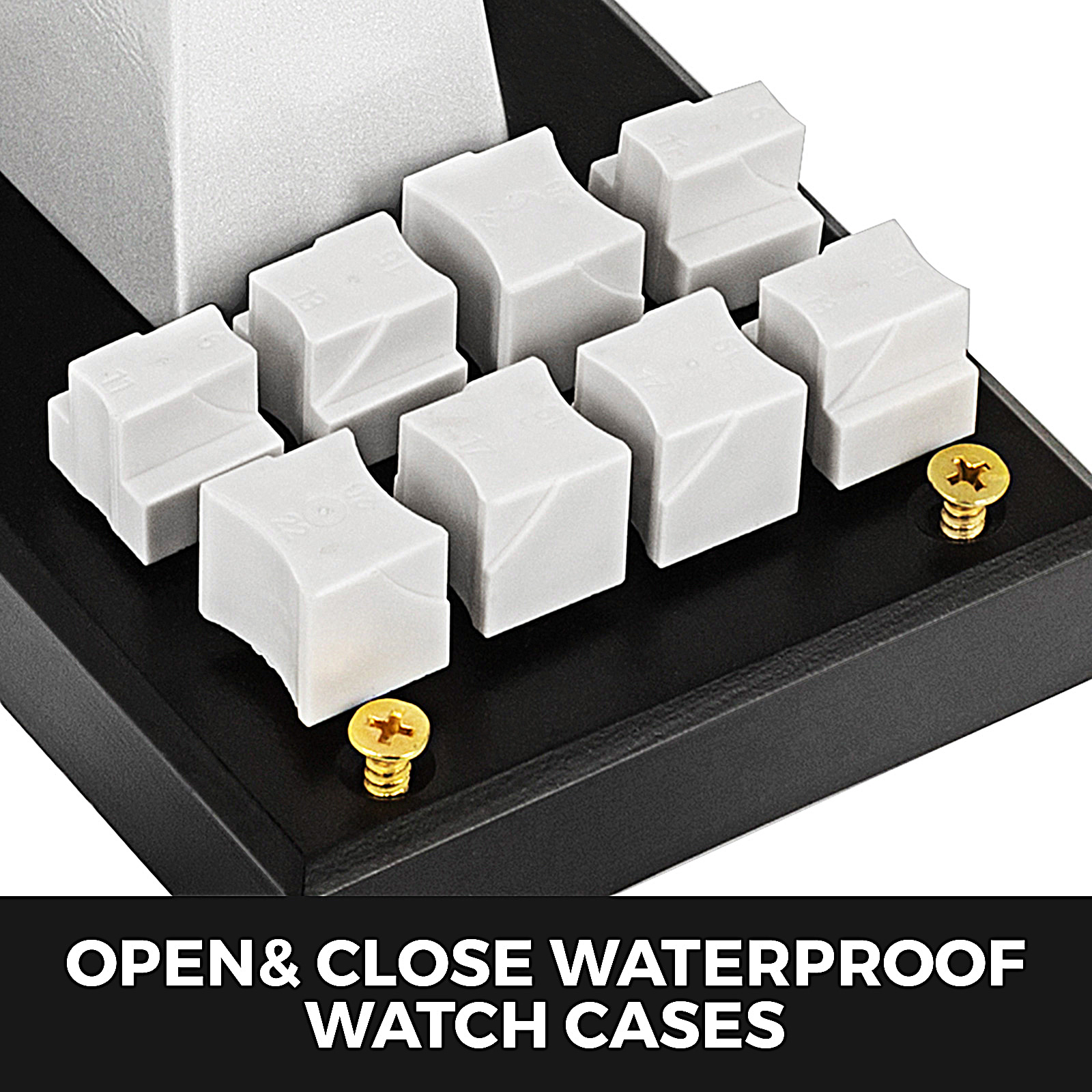 VEVOR watch opener toolset for waterproof watch cases with white blocks on black base.