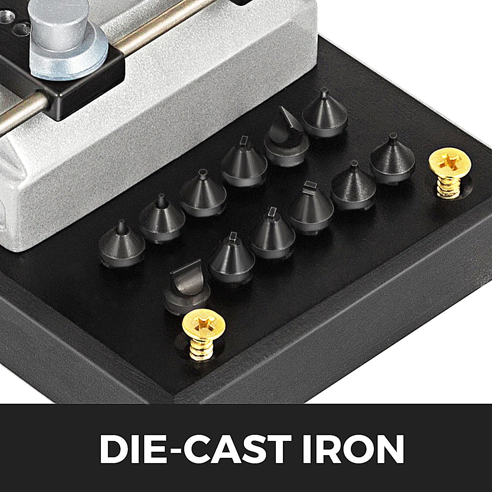 VEVOR watch opener with assortment of metal watch back remover dies on black base.