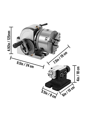VEVOR dividing head with precise dimensions illustration for machining tasks.
