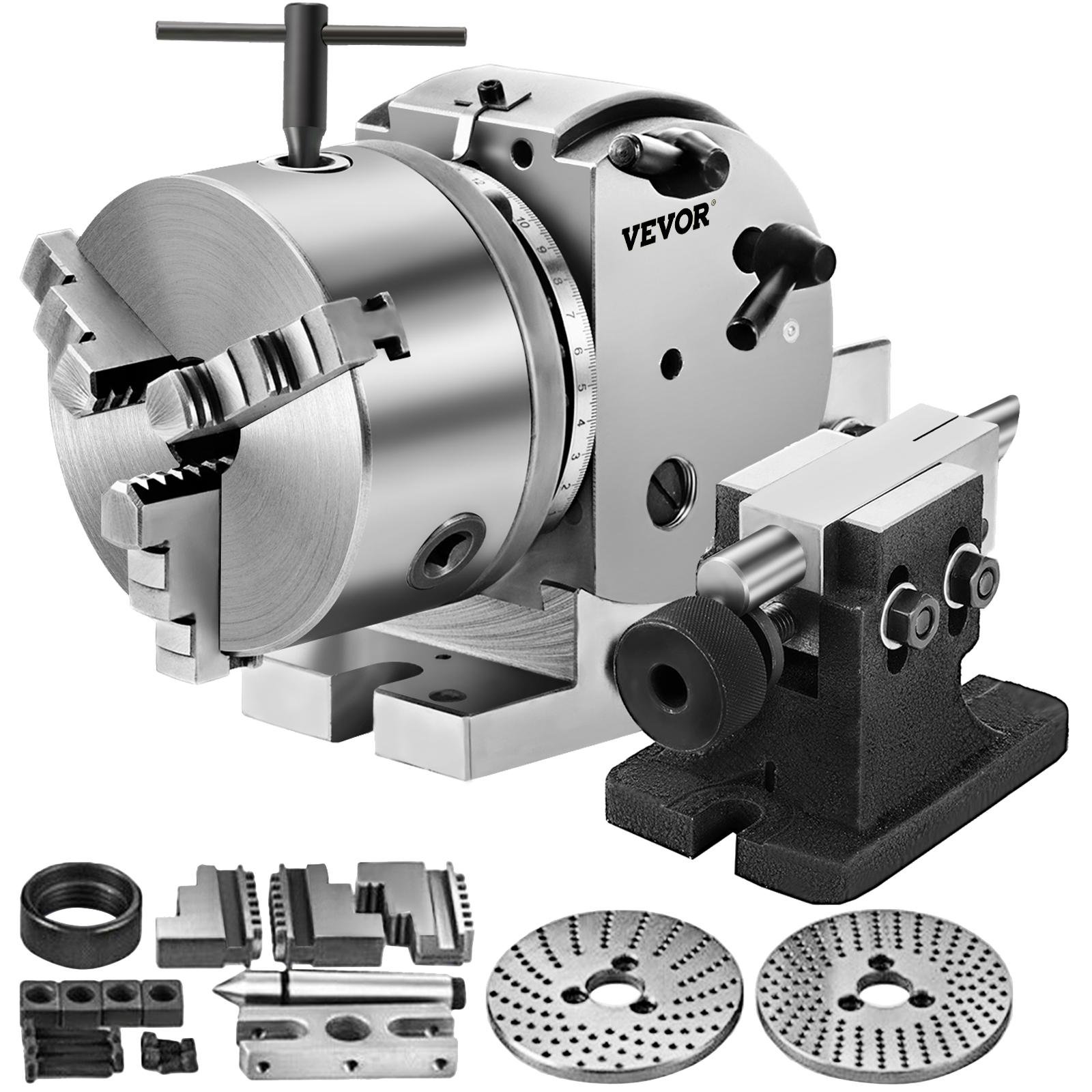 VEVOR dividing head with accessories and adjustable base for milling machines.