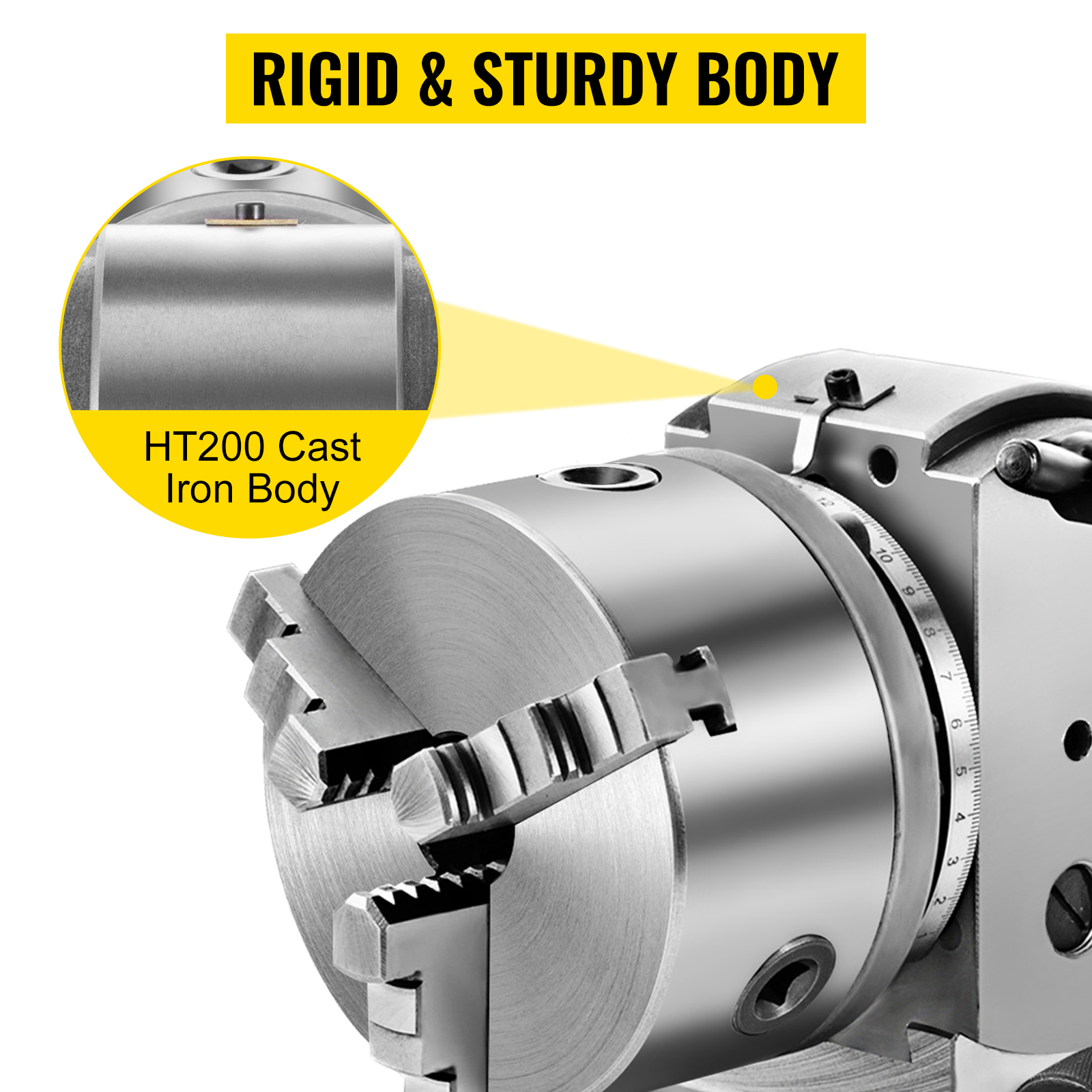 VEVOR dividing head with ht200 cast iron body and rigid sturdy construction.