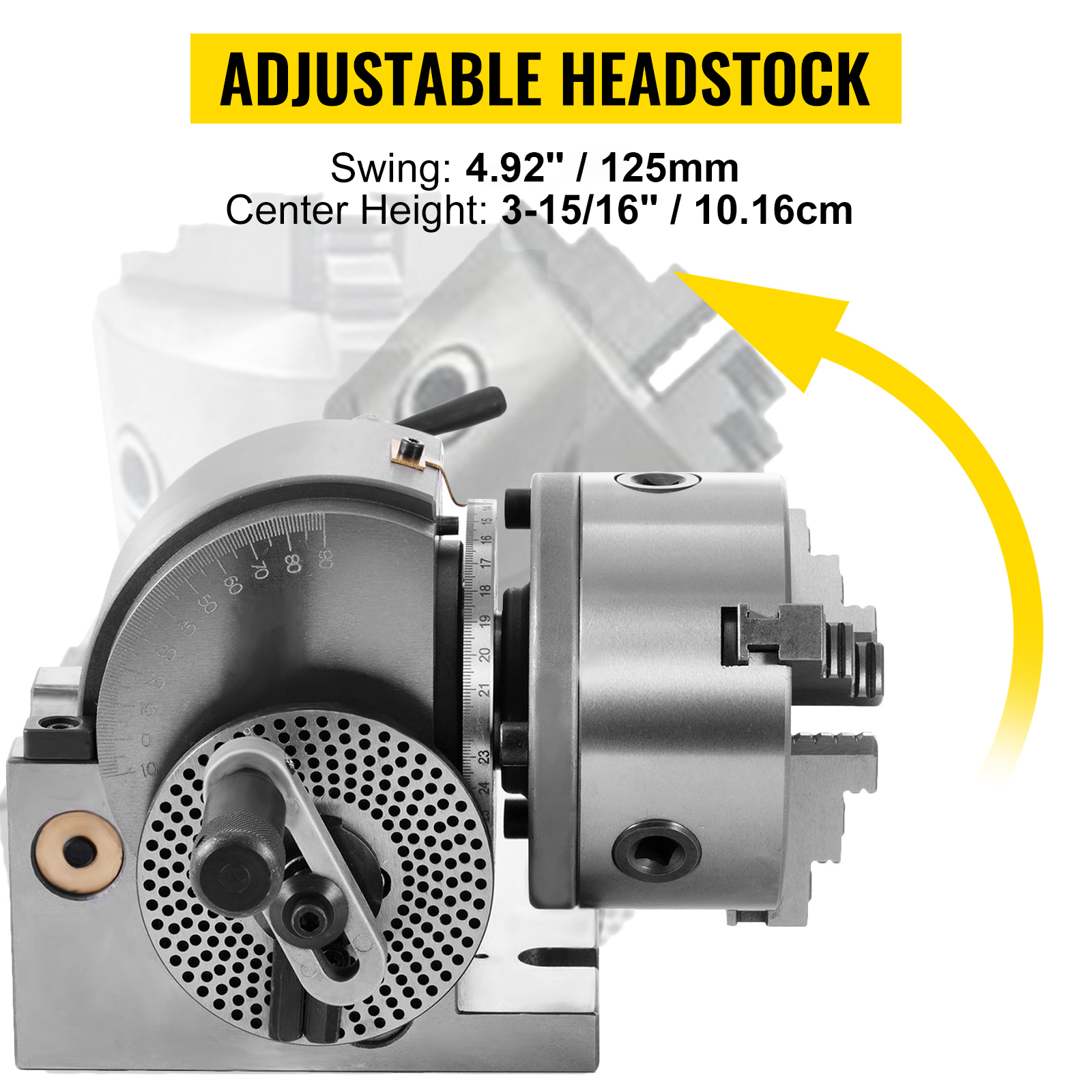 VEVOR dividing head with adjustable headstock, 6-1/2" swing, 3-15/16" center height.