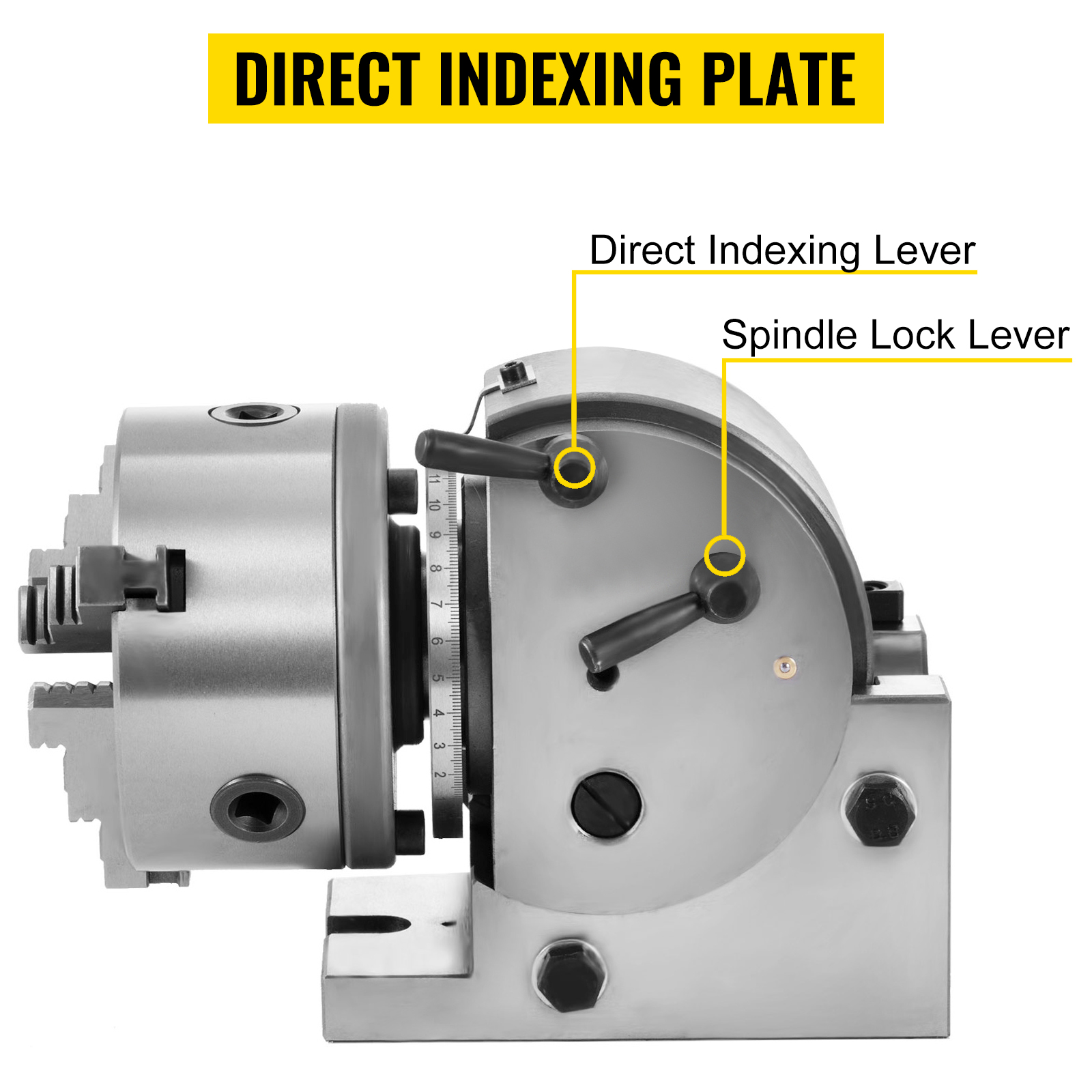 VEVOR dividing head with direct indexing plate, lever, and spindle lock lever.