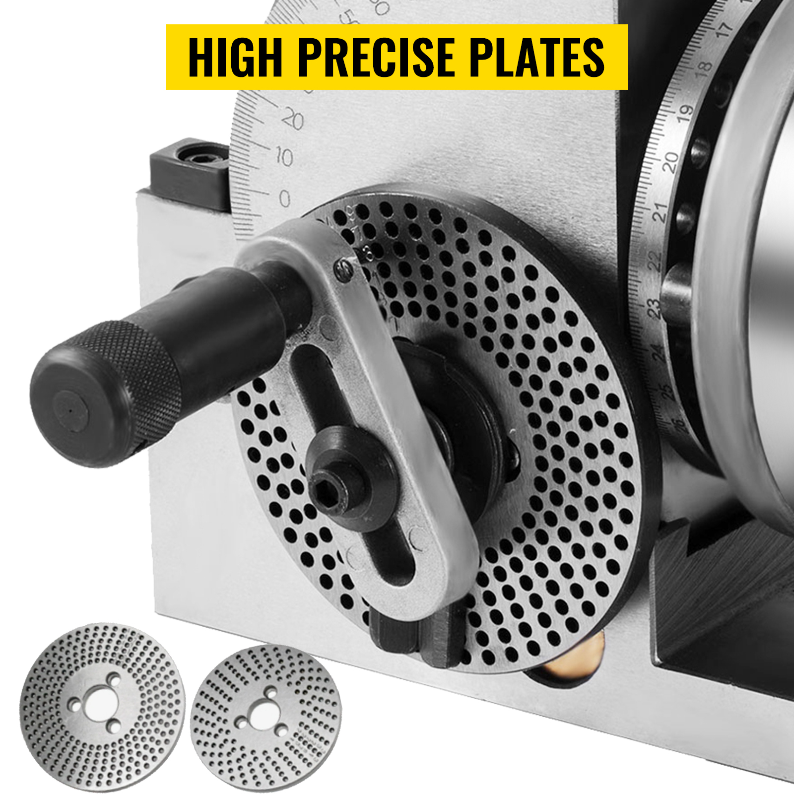 VEVOR dividing head with high precise plates and adjustable handle for accurate machining.