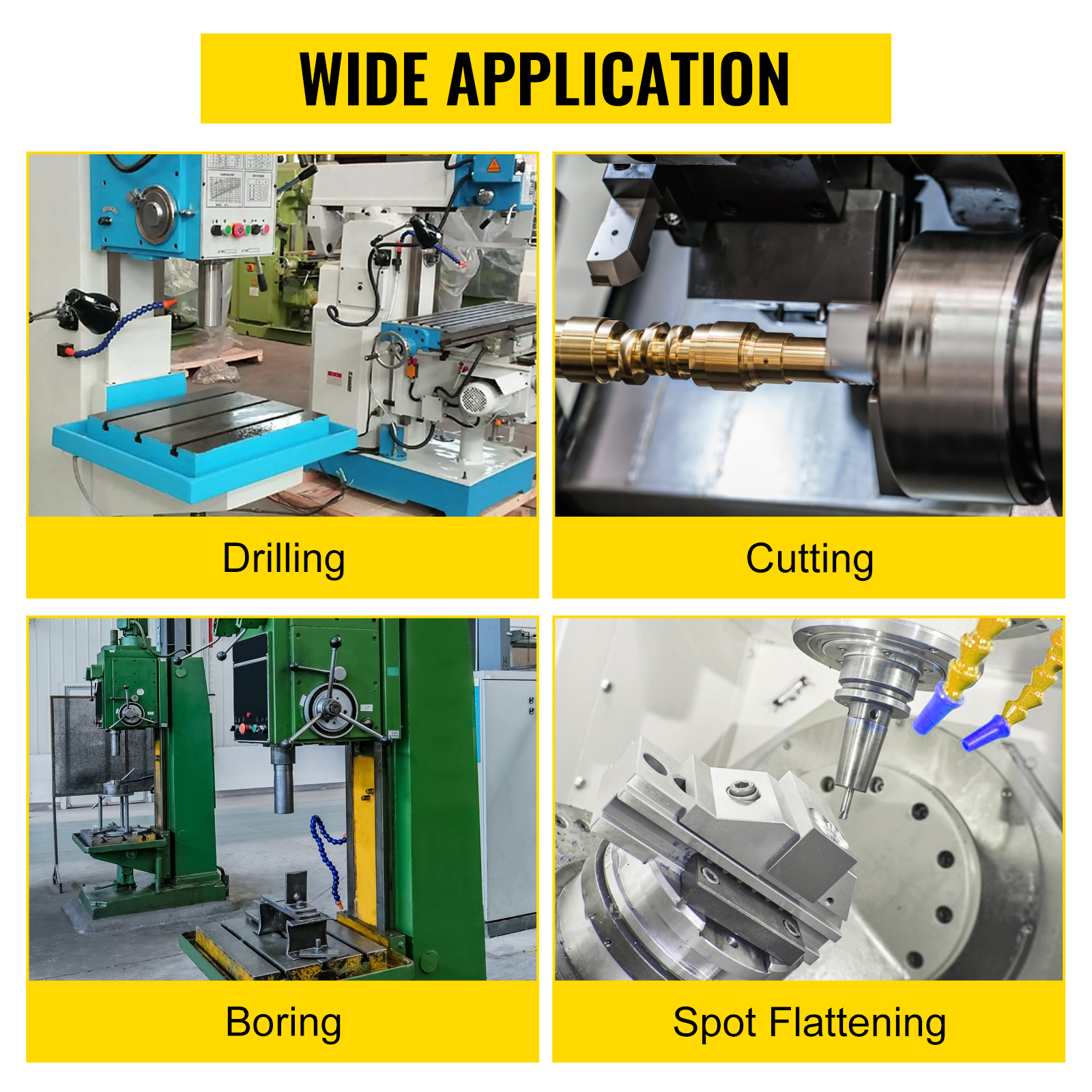 VEVOR dividing head showing wide application: drilling, cutting, boring, spot flattening.