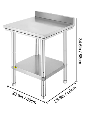 VEVOR stainless steel work table 34.6in height, 23.6in width, lower shelf, backsplash.