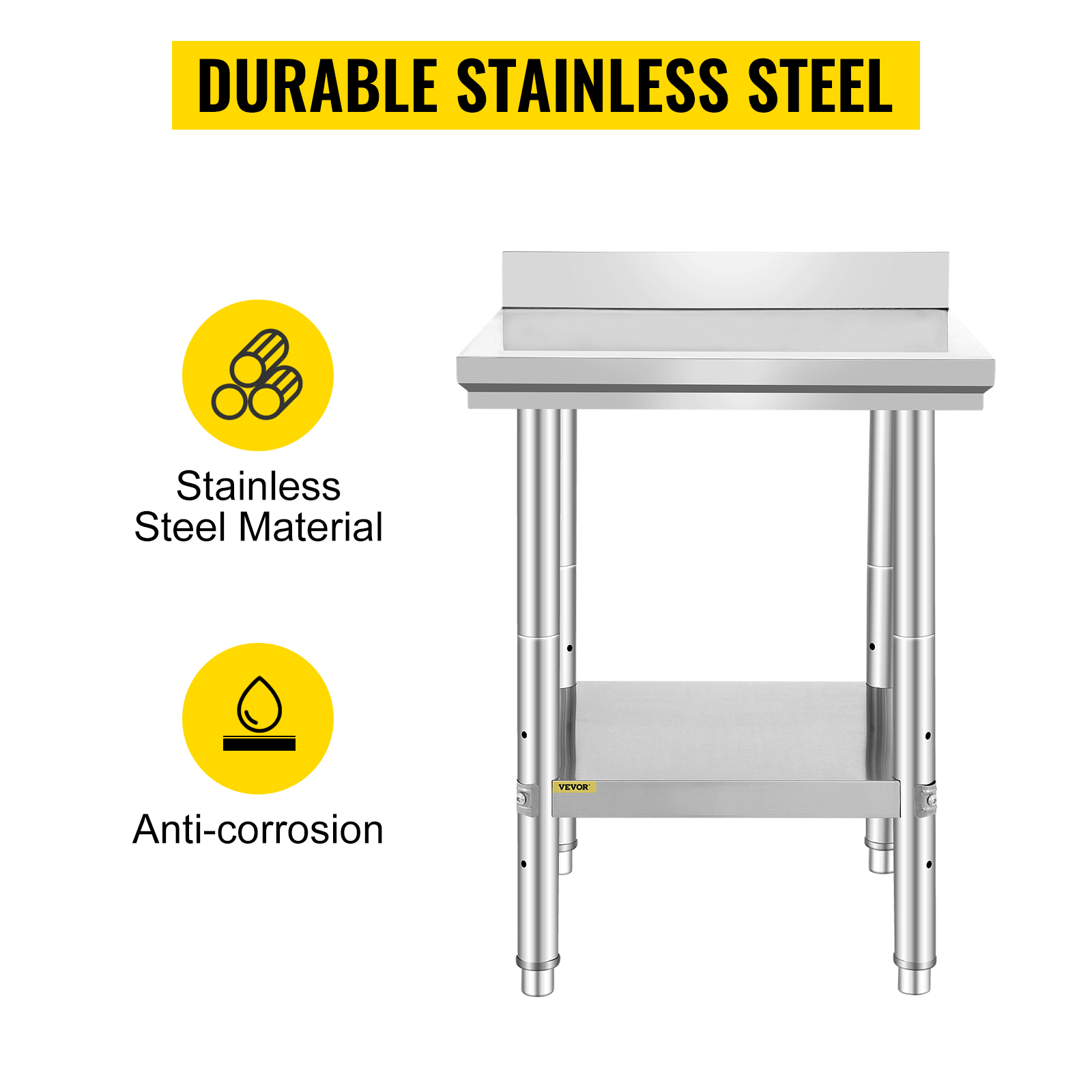 VEVOR stainless steel work table with backsplash, anti-corrosion material.