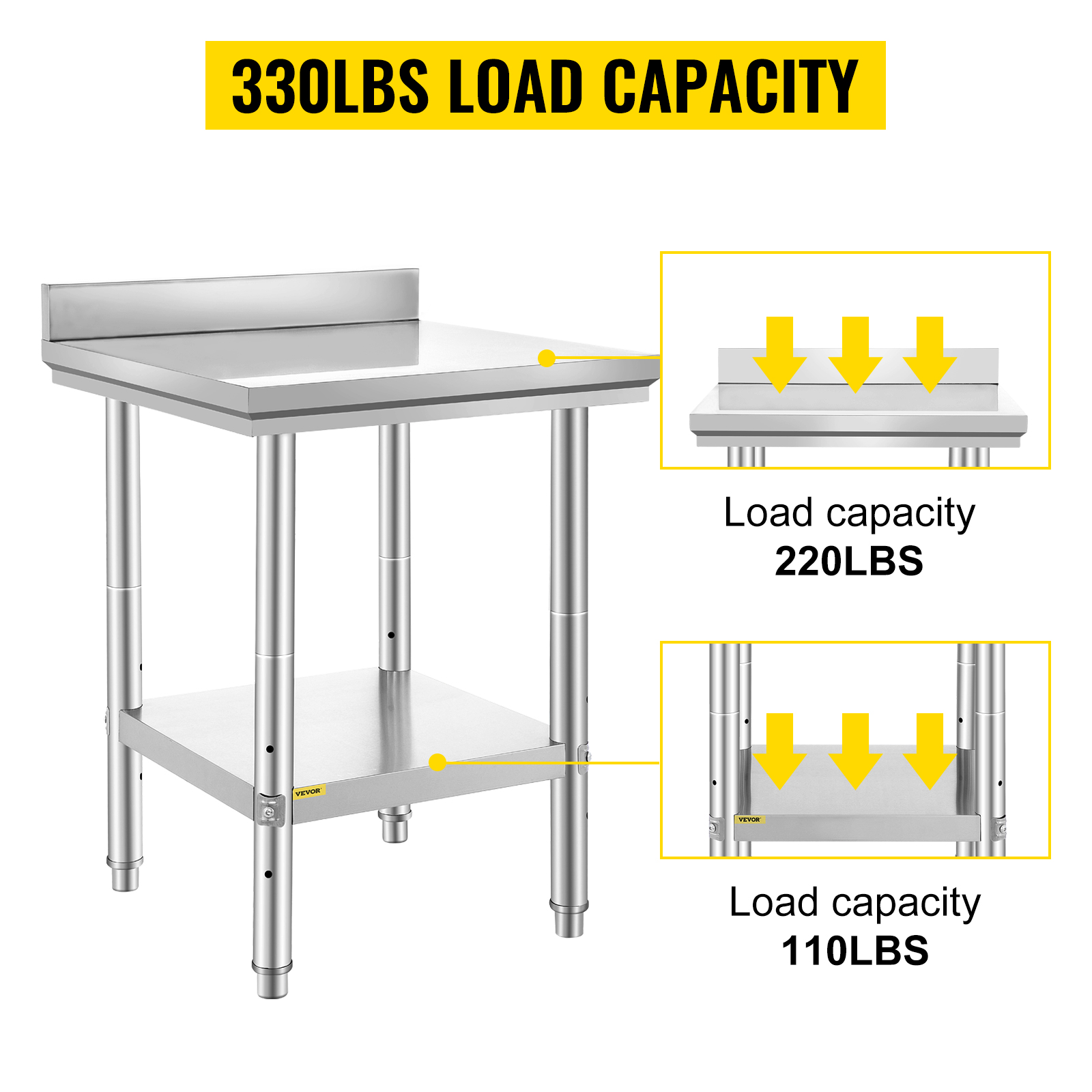VEVOR stainless steel work table showing 330lbs total load capacity.